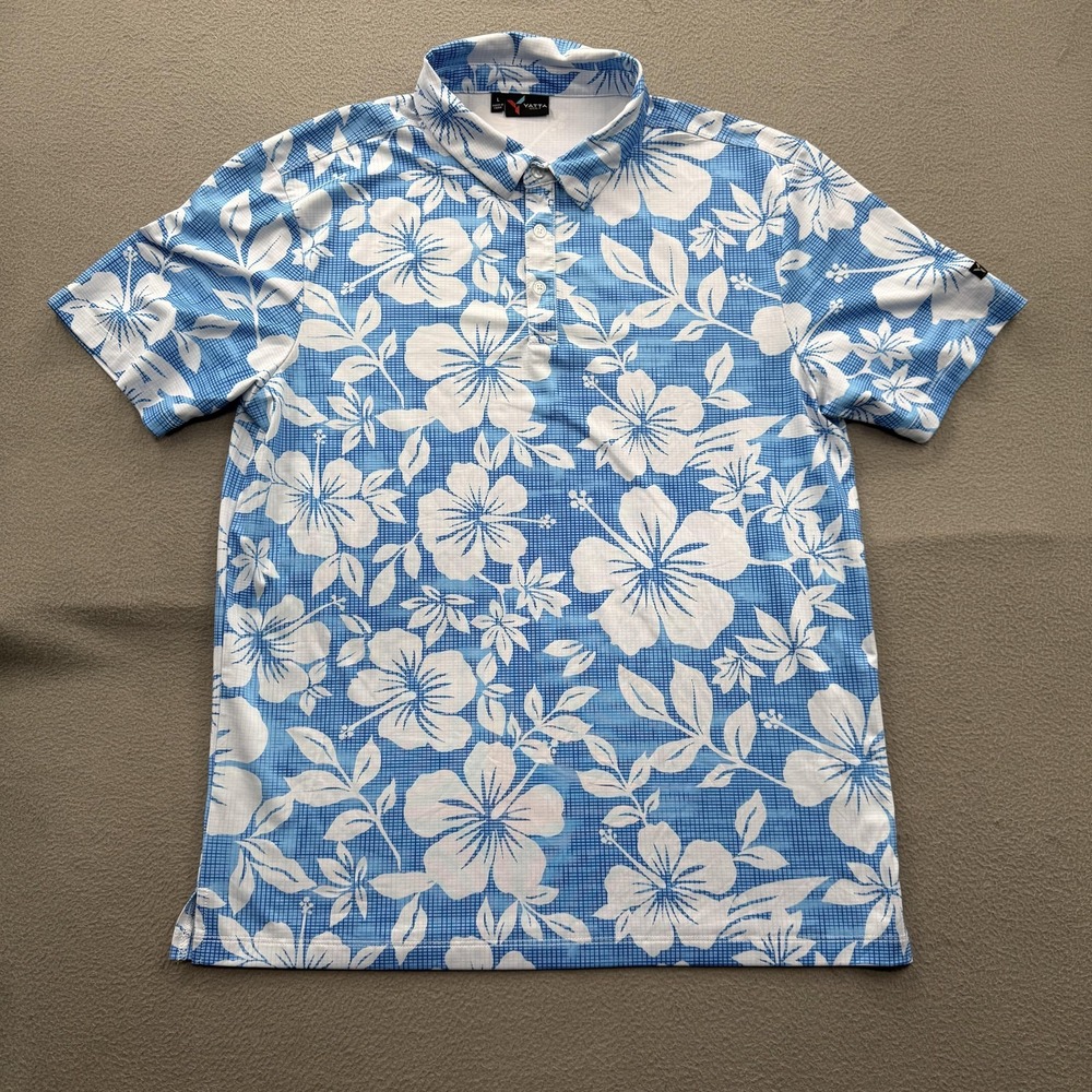 Yatta Golf Polo‎ Shirt Mens Large Blue Floral Hawaiian Golf Performance Stretch